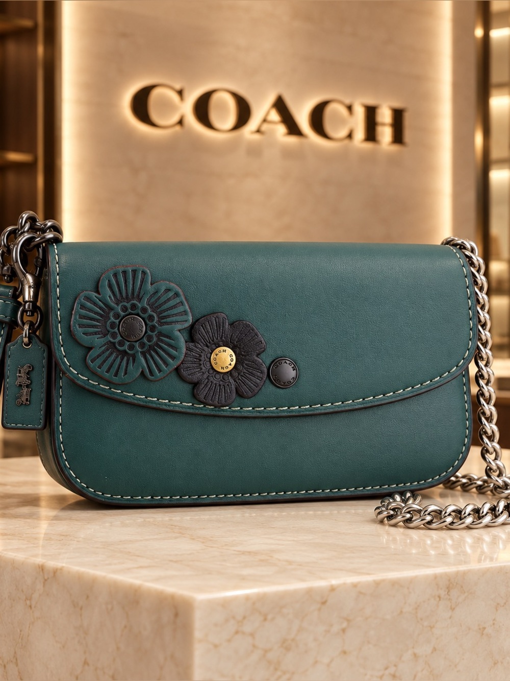 🌸Coach Teal Floral Appliqué Leather Clutch Crossbody Silver-Tone Chain Strap